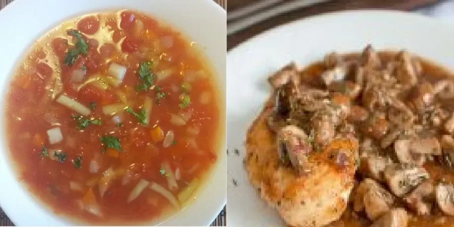 Meniu: ciorbă de legume și pui cu ciuperci