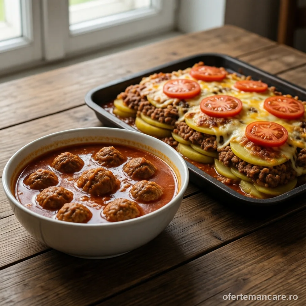 Meniu: ciorbă de perișoare și musaca de cartofi cu carne de porc