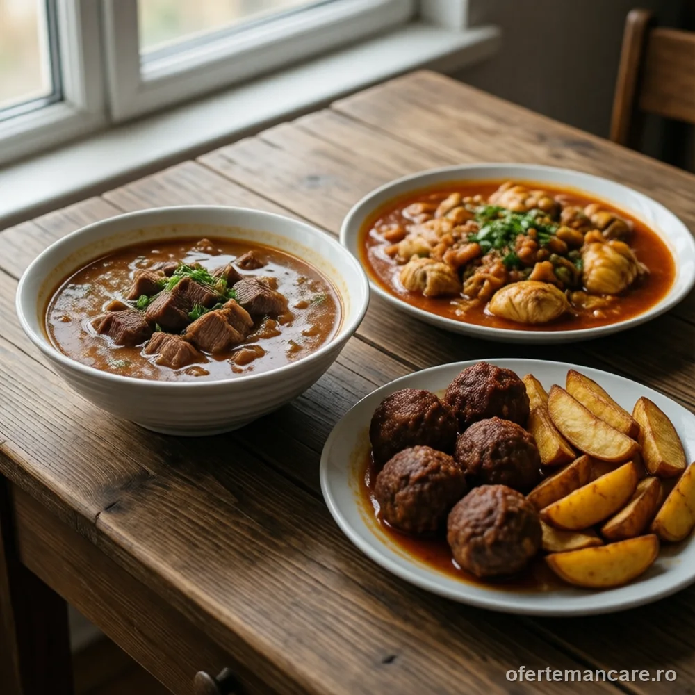 Meniu: ciorbă de văcuță, tocăniță de pui, chiftele de porc și cartofi țărănești — imagine de prezentare, mâncare gătită livrată în București