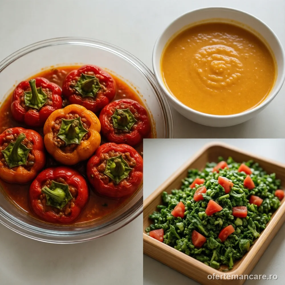 Meniu din bucătăria marocană: supă de linte, ardei umpluți cu pui și tabbouleh — imagine de prezentare, mâncare gătită livrată în București
