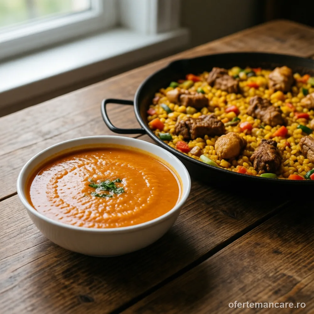 Meniu din bucătăria spaniolă: gazpacho și paella cu pui — mâncare gătită, livrare în București