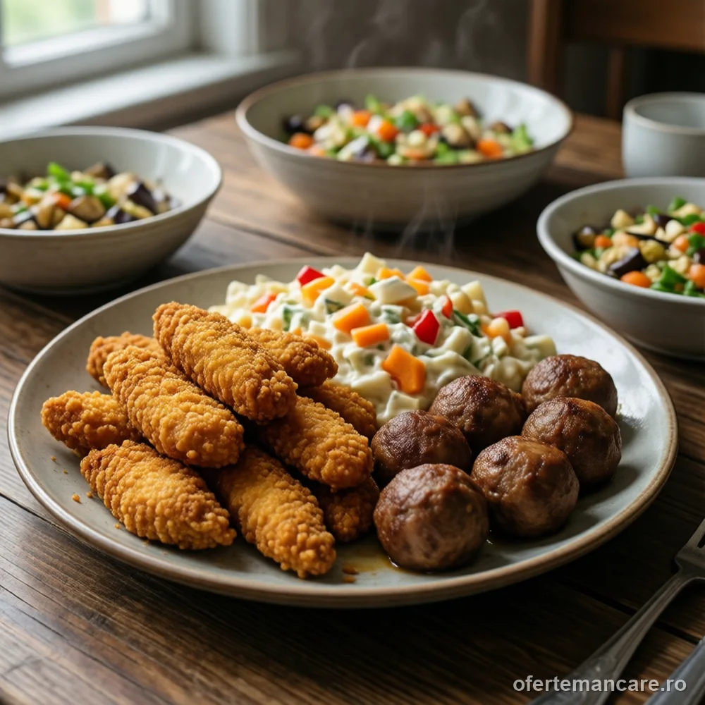 Meniu Maxi: pui Shanghai, salată à la russe, chiftele de porc și salată de vinete — imagine de prezentare, mâncare gătită livrată în București